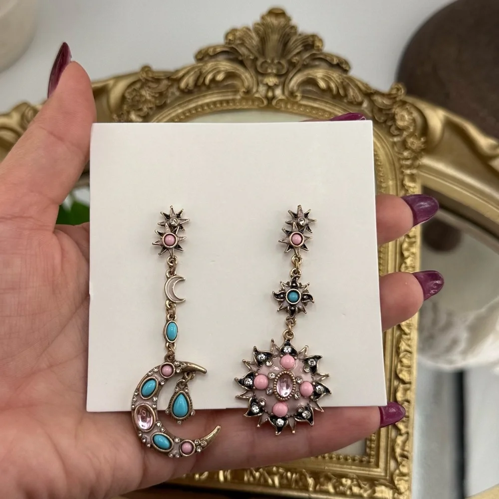 Asymmetric Moon & Sun Drop Earrings – Pink & Turquoise Crystals - Picture 5 of 7